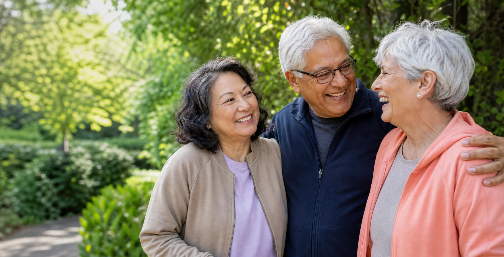 Three older adults laughing together outdoors